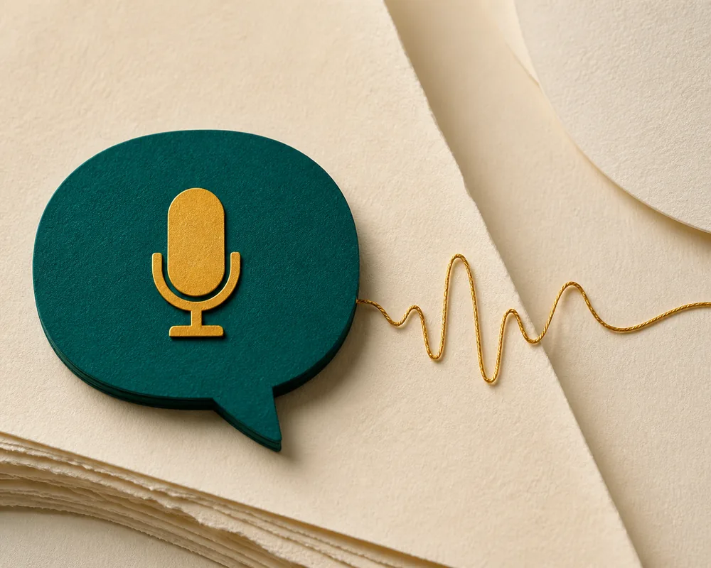 Paper-craft illustration: a Talk & Comment speech bubble with a gold microphone and a trailing gold waveform