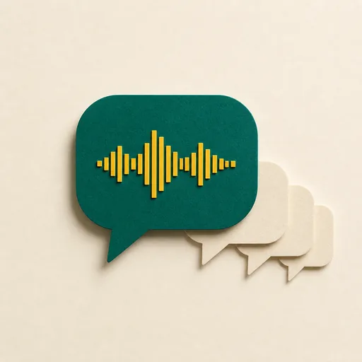 Paper-craft illustration: one large speech bubble with a gold waveform leading three smaller bubbles